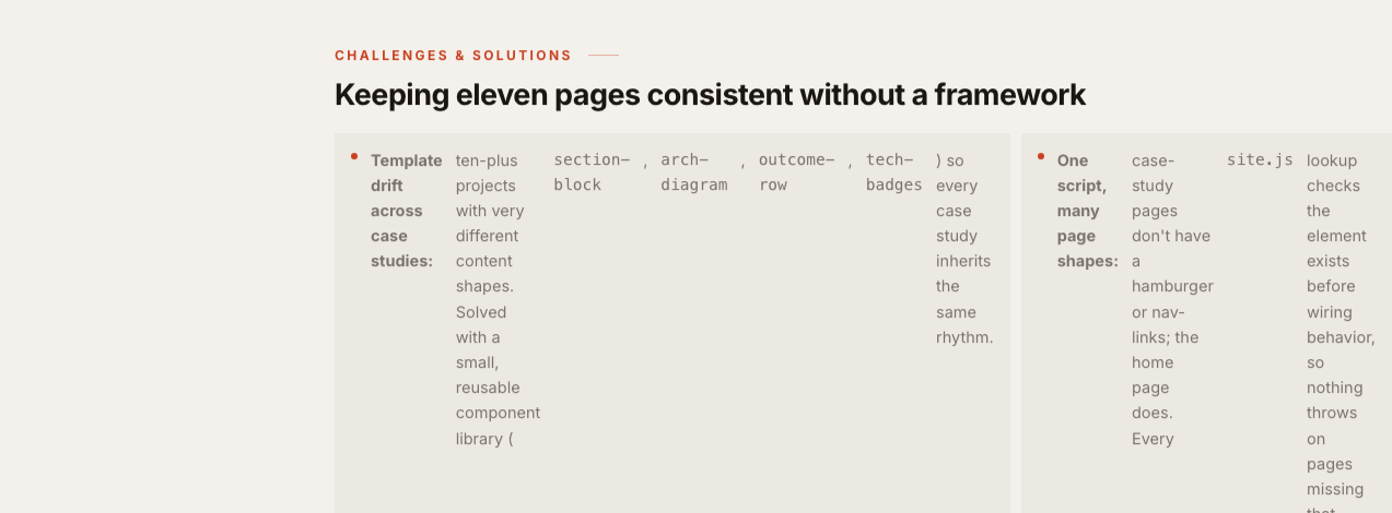 Broken layout: the Challenges and Solutions list fragmented into separate flex items, mixing strong and code tags without a wrapping span